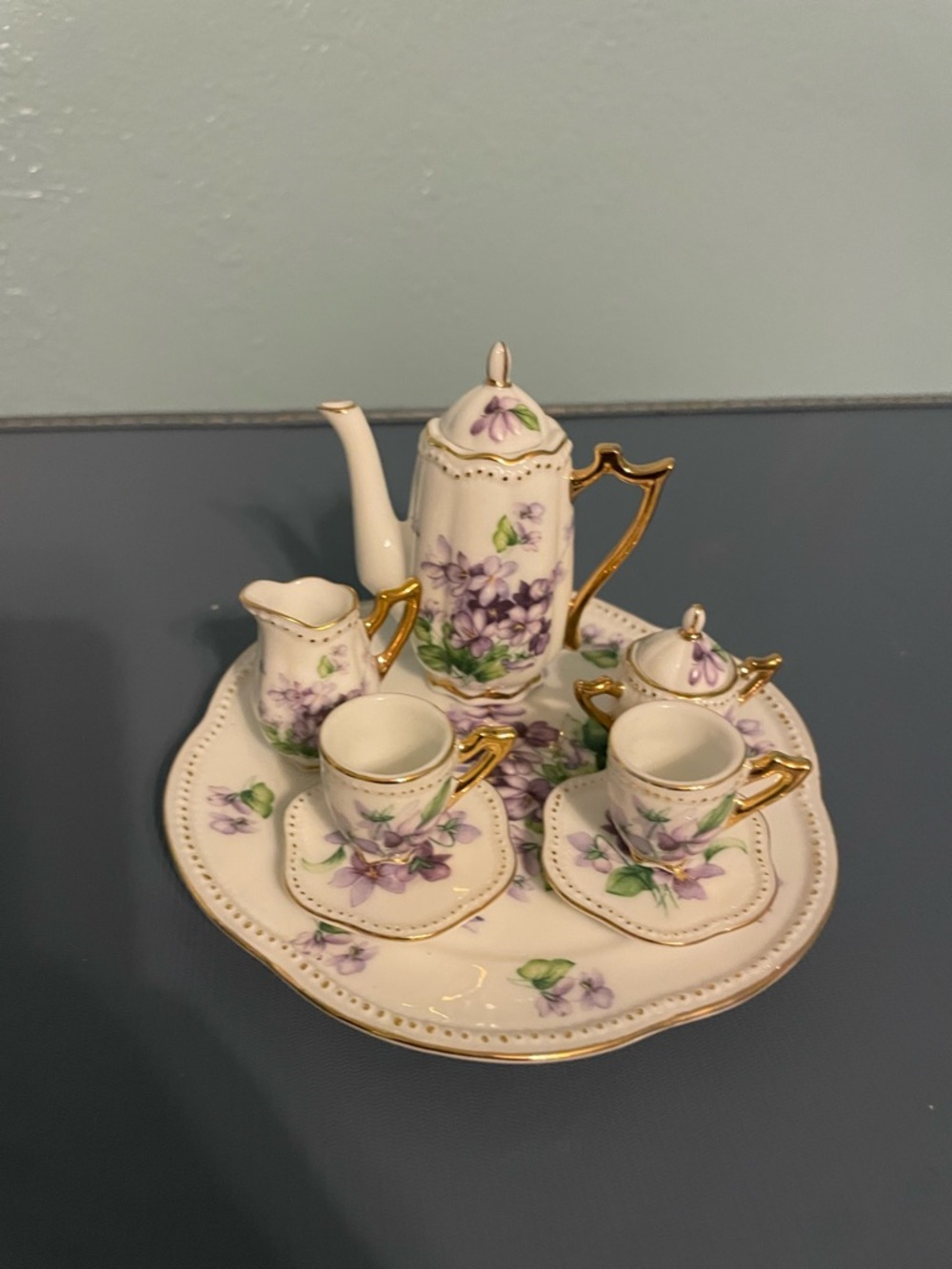 Porcelain Mini Tea Set with Purple Floral Pattern and Gold Accents